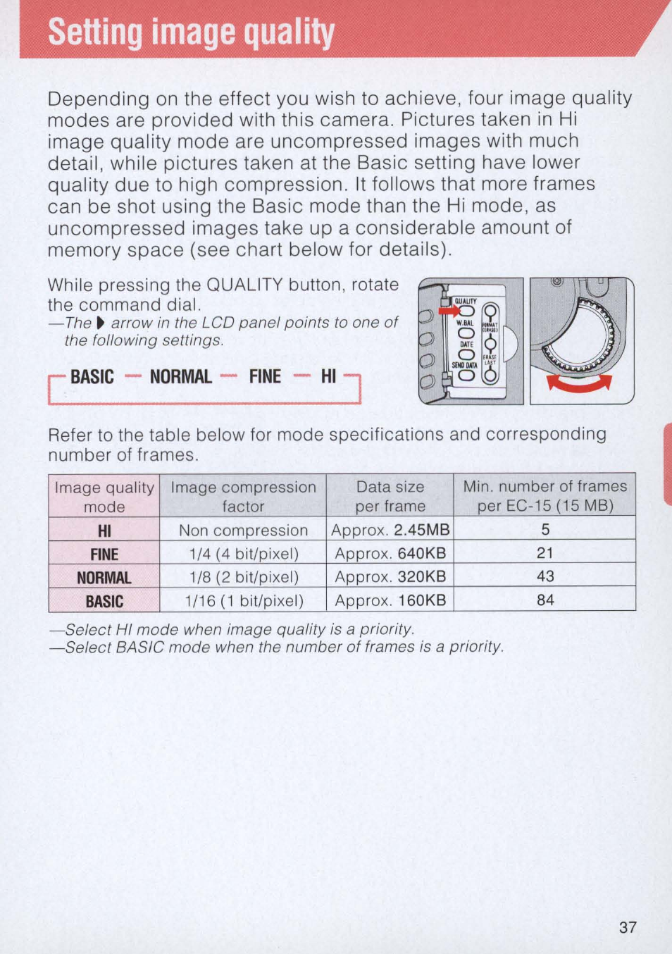 Setting image quality, Basic — normal — fine | Nikon E2 - E2S User Manual | Page 37 / 97