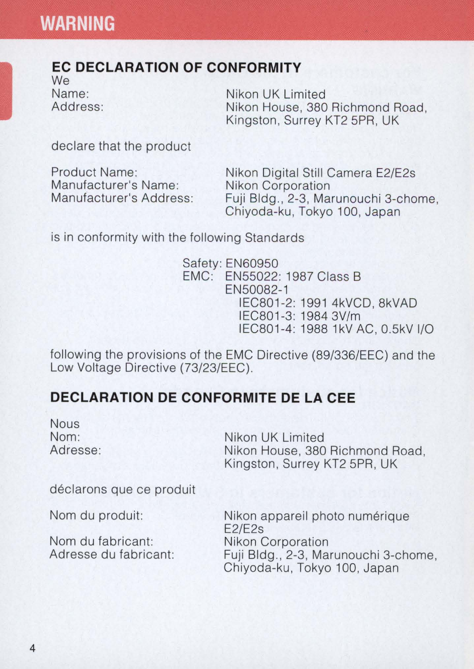 Warning | Nikon E2 - E2S User Manual | Page 4 / 97