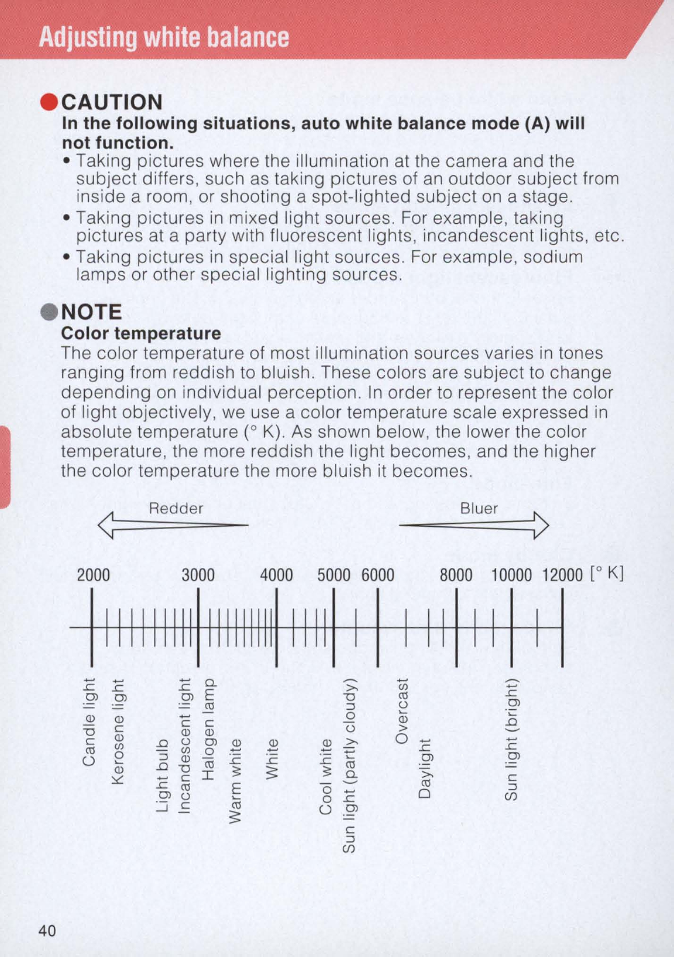 Caution, Note, Adjusting white balance | Nikon E2 - E2S User Manual | Page 40 / 97