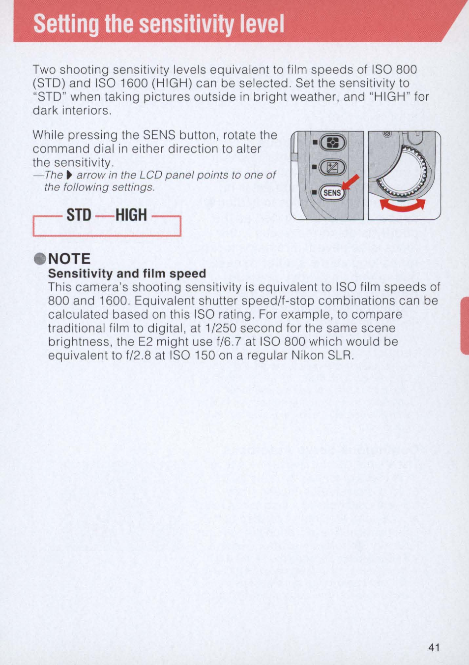Note, Setting the sensitivity level | Nikon E2 - E2S User Manual | Page 41 / 97