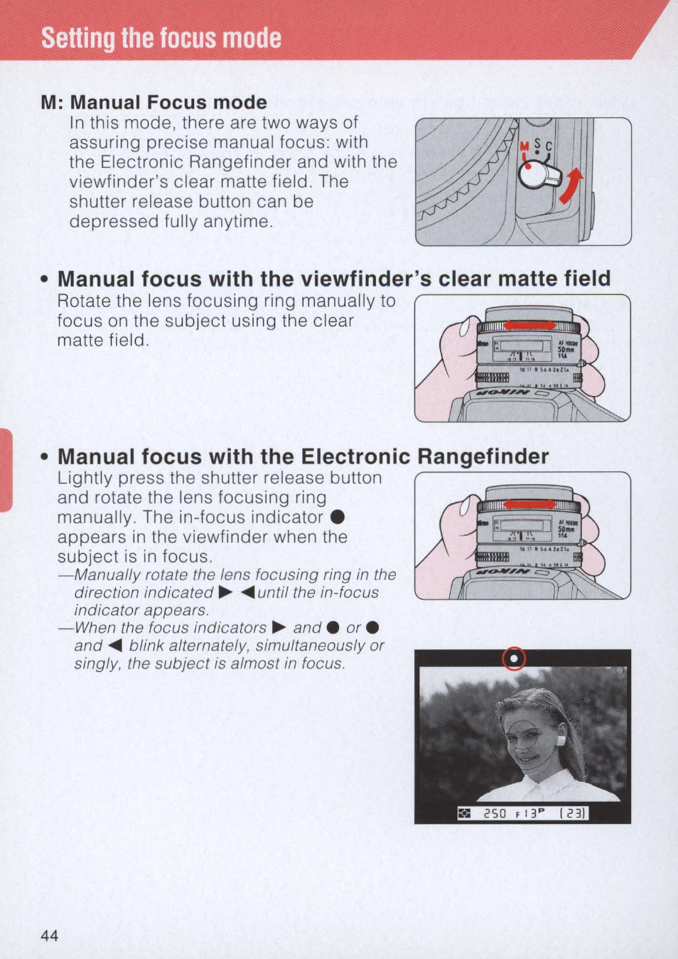 M: manual focus mode, Manual focus with the electronic rangefinder, Setting the focus mode | Nikon E2 - E2S User Manual | Page 44 / 97