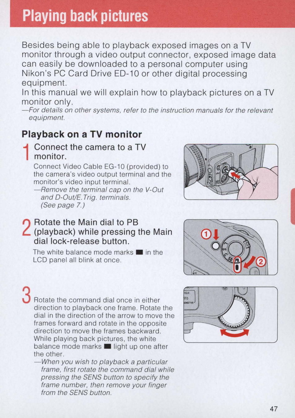 Playing back pictures, Playback on a tv monitor, Playing back pictures -49 | Nikon E2 - E2S User Manual | Page 47 / 97