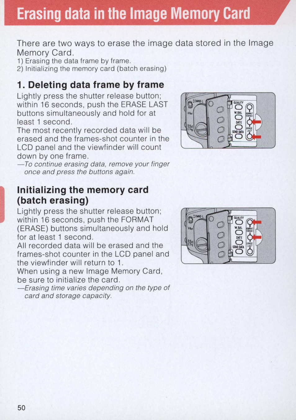 Erasing data in the image memory card, Deleting data frame by frame, Initializing the memory card (batch erasing) | Nikon E2 - E2S User Manual | Page 50 / 97
