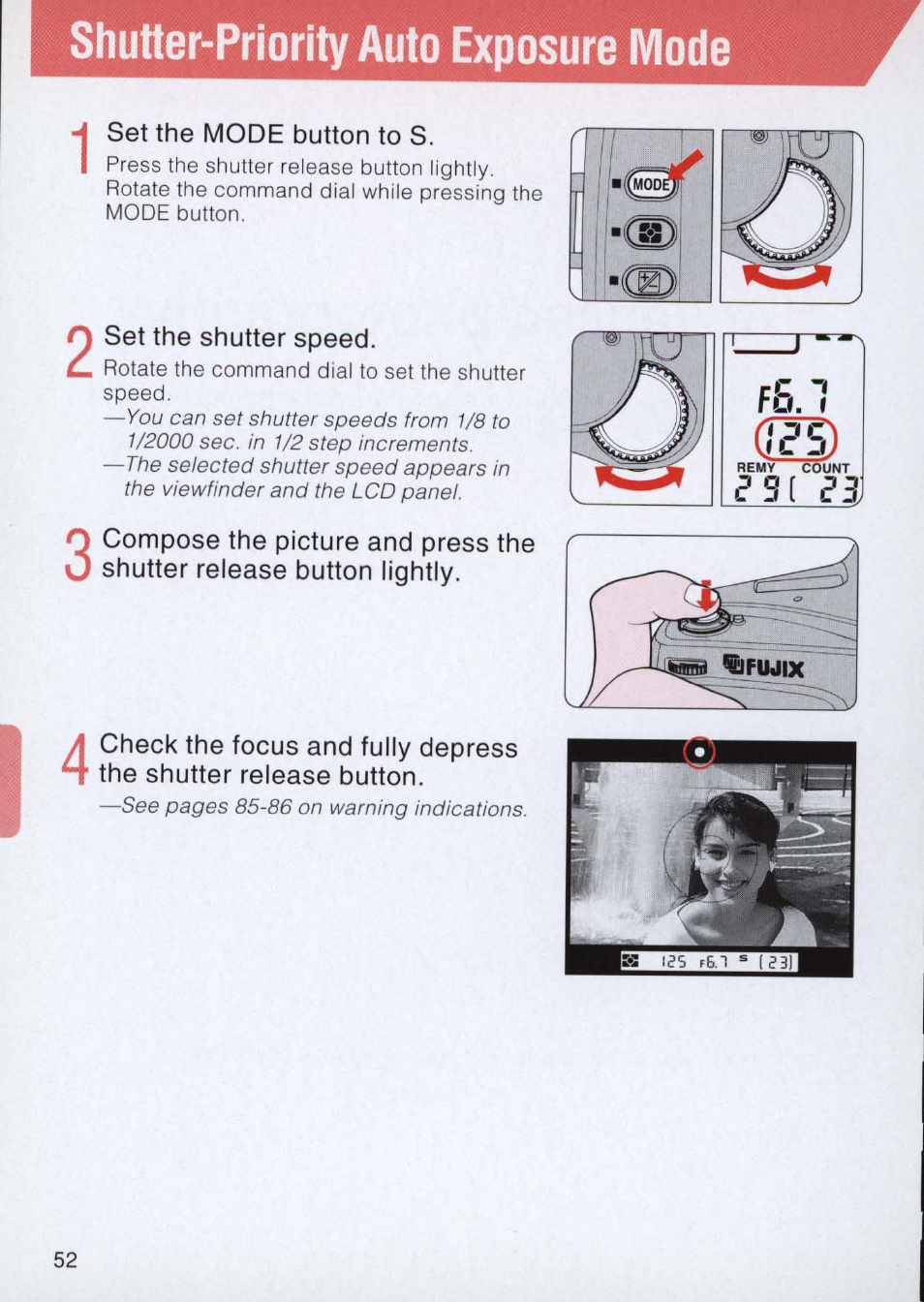 Set the mode button to s, Set the shutter speed, Shutter-priority auto exposure mode | Nikon E2 - E2S User Manual | Page 52 / 97
