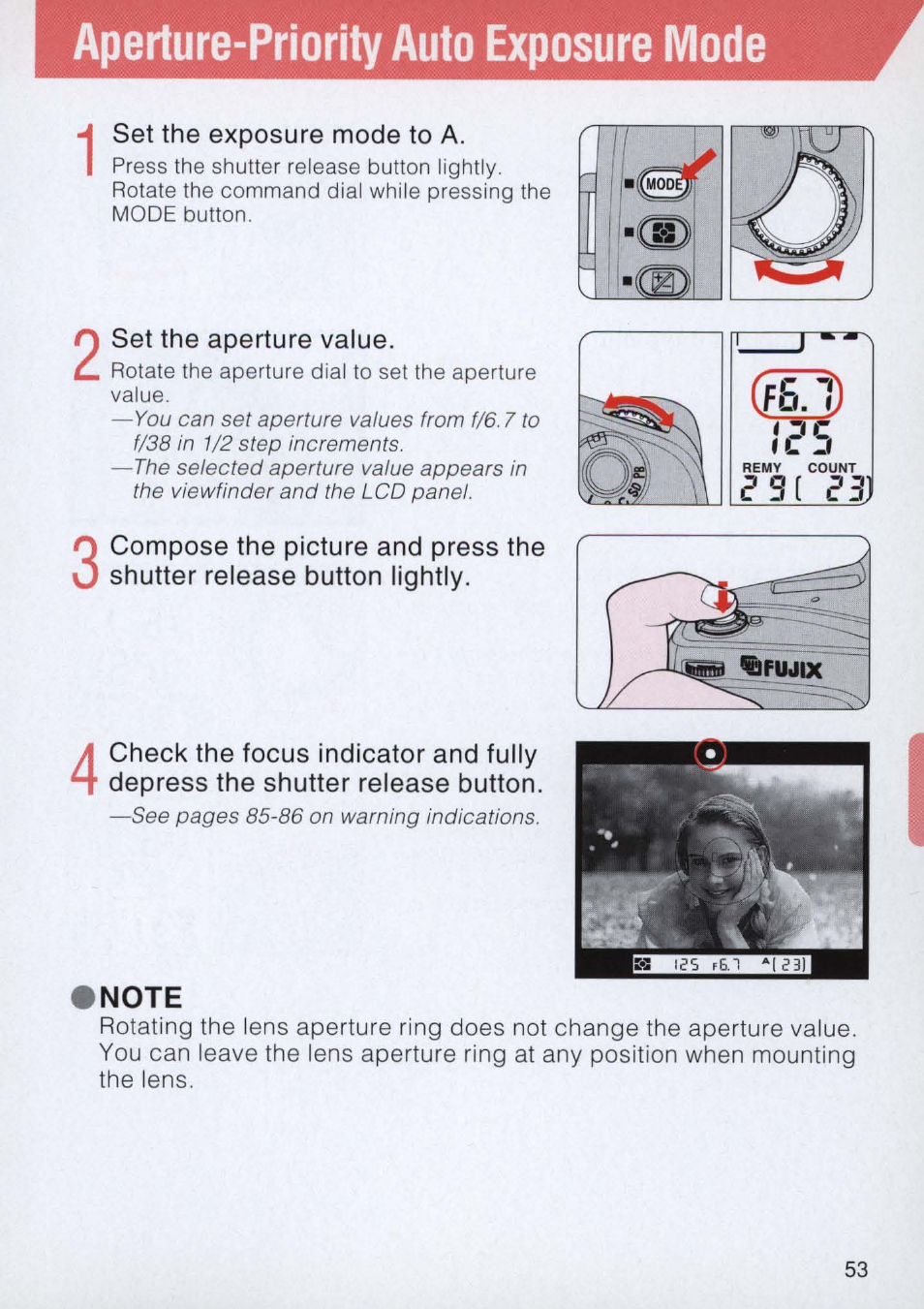 Set the exposure mode to a, Set the aperture value, Inote | Aperture-priority auto exposure mode | Nikon E2 - E2S User Manual | Page 53 / 97