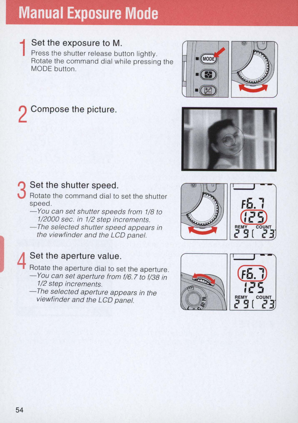 Set the exposure to m, Compose the picture, Set the shutter speed | Set the aperture value, Manual exposure mode | Nikon E2 - E2S User Manual | Page 54 / 97