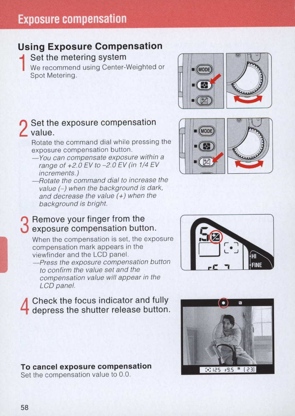 Using exposure compensation, To cancel exposure compensation, Set the exposure compensation value | Exposure compensation | Nikon E2 - E2S User Manual | Page 58 / 97