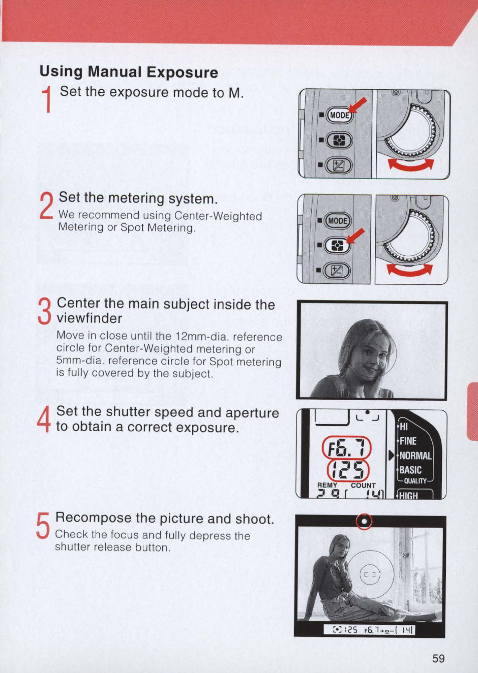 Using manual exposure, Set the exposure mode to m, Recompose the picture and shoot | Set the metering system, Center the main subject inside the i viewfinder | Nikon E2 - E2S User Manual | Page 59 / 97