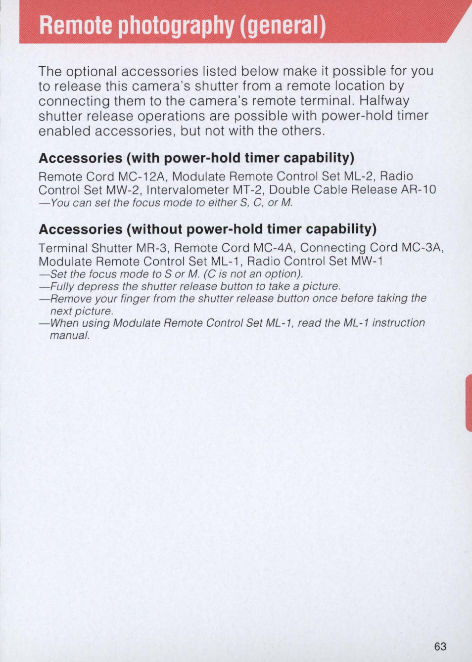 Remote photography (general), Accessories (with power-hold timer capabiiity), Accessories (without power-hoid timer capabiiity) | Remote photography (générai) | Nikon E2 - E2S User Manual | Page 63 / 97
