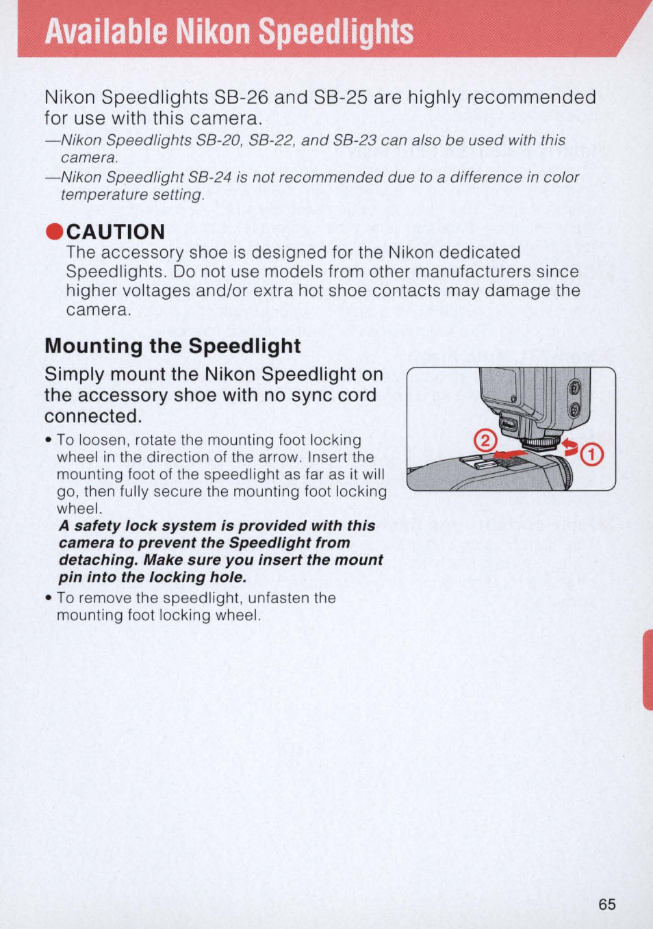 Available nikon speediights, Caution, Mounting the speedlight | Avaiiabie nikon speediights | Nikon E2 - E2S User Manual | Page 65 / 97
