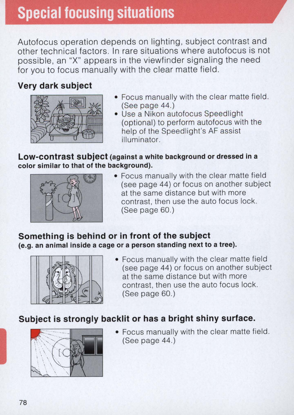 Special focusing situations, Very dark subject, Something is behind or in front of the subject | F[(q | Nikon E2 - E2S User Manual | Page 78 / 97