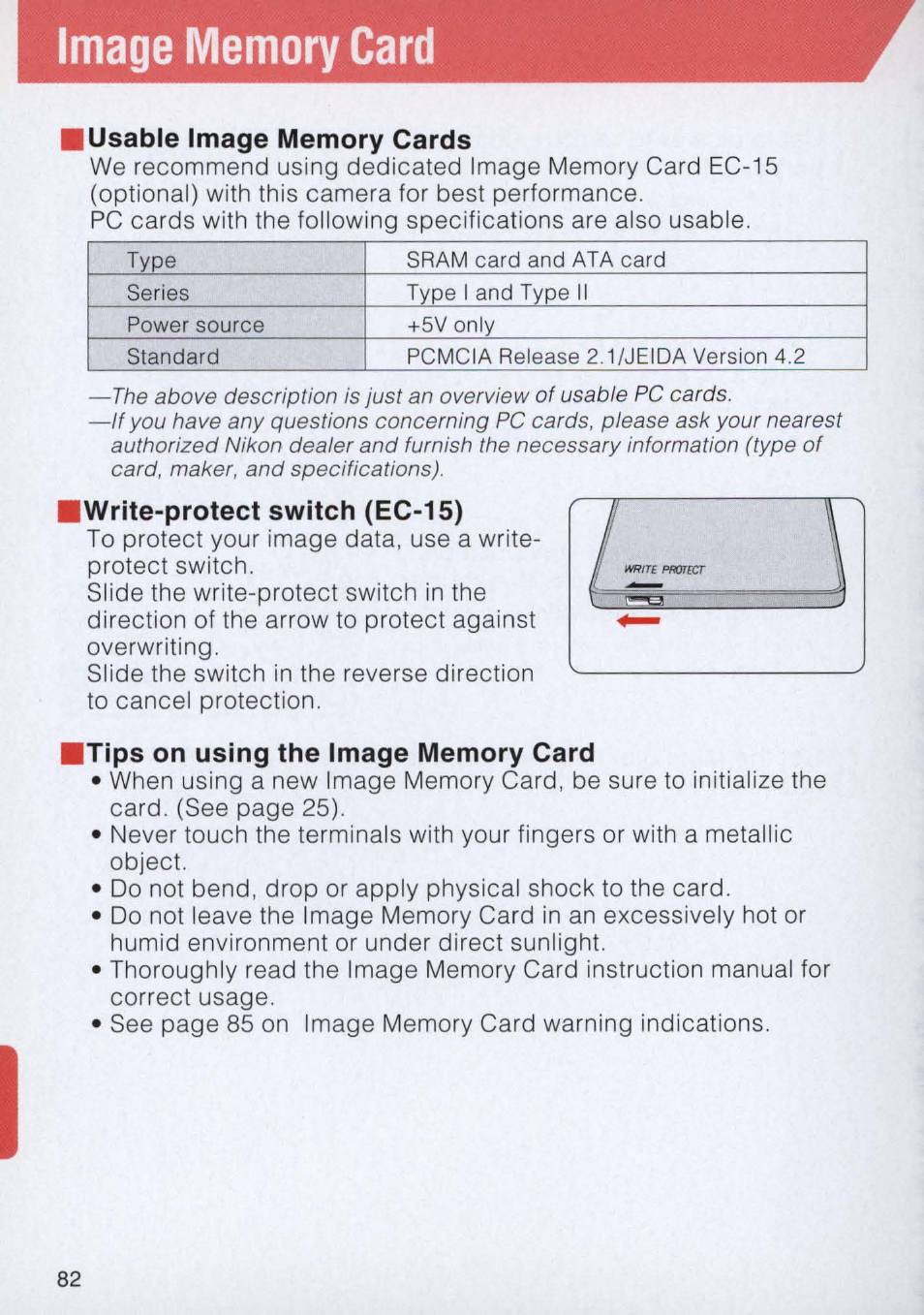 Image memory card, I write-protect switch (ec-15), Tips on using the image memory card | Nikon E2 - E2S User Manual | Page 82 / 97