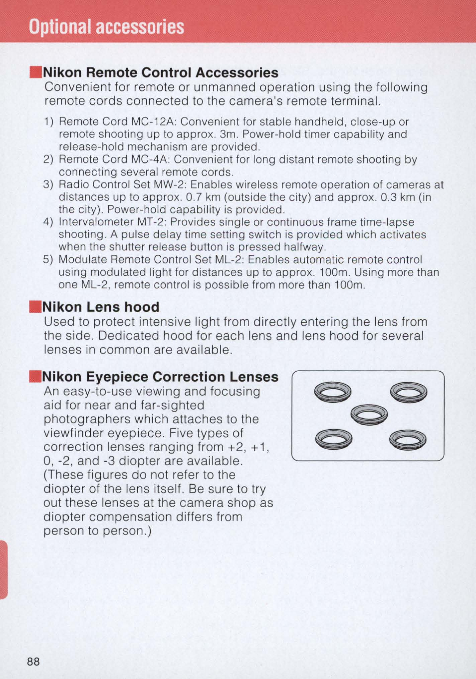 Inikon remote control accessories, Inikon lens hood, Inikon eyepiece correction lenses | Optional accessories | Nikon E2 - E2S User Manual | Page 88 / 97