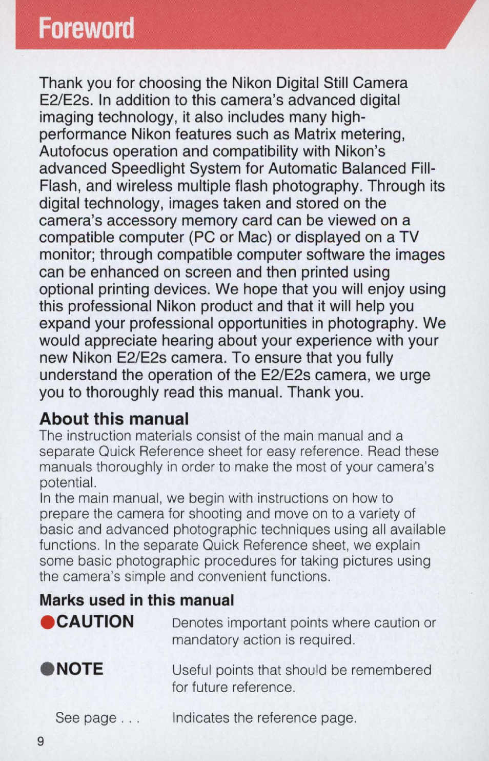Foreword, About this manual, Marks used in this manual | Nikon E2 - E2S User Manual | Page 9 / 97