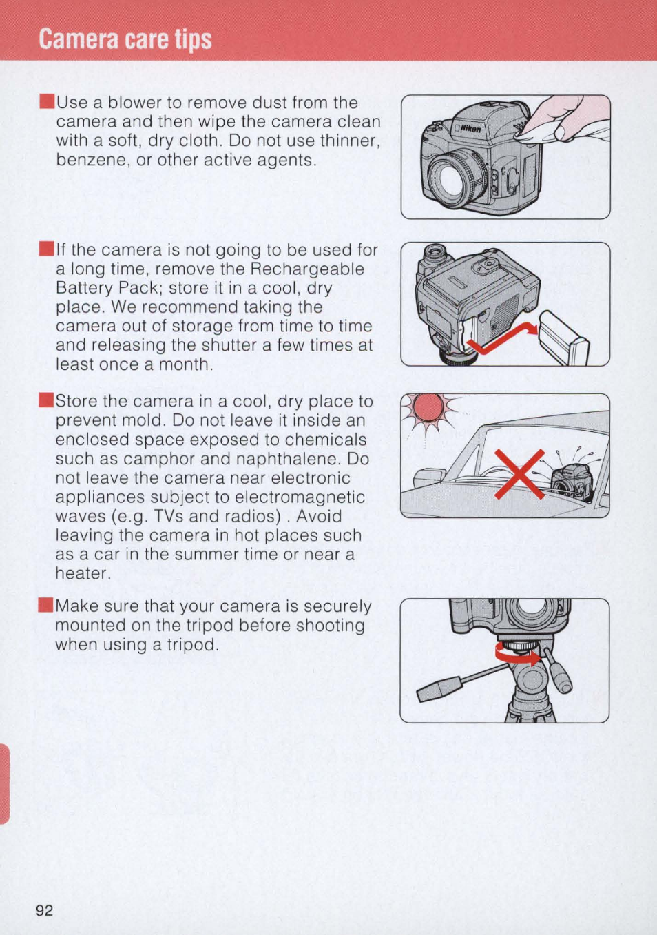 Camera care tips | Nikon E2 - E2S User Manual | Page 92 / 97