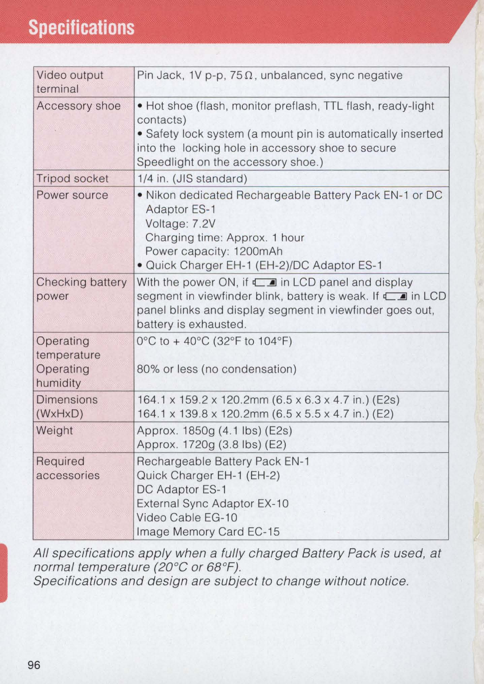 Specifications | Nikon E2 - E2S User Manual | Page 96 / 97