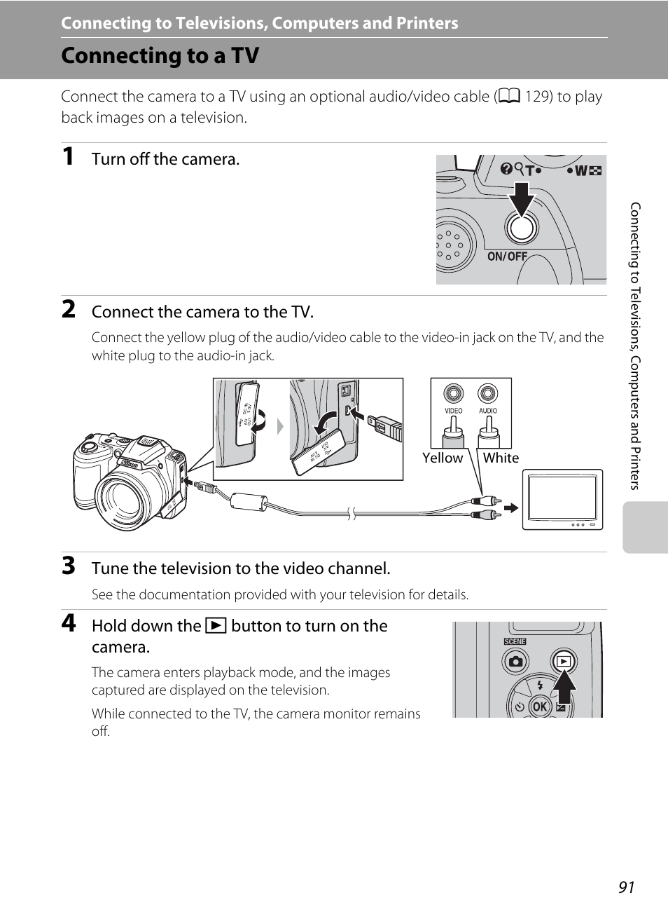 Connecting to televisions, computers and printers, Connecting to a tv | Nikon L310 User Manual | Page 103 / 164