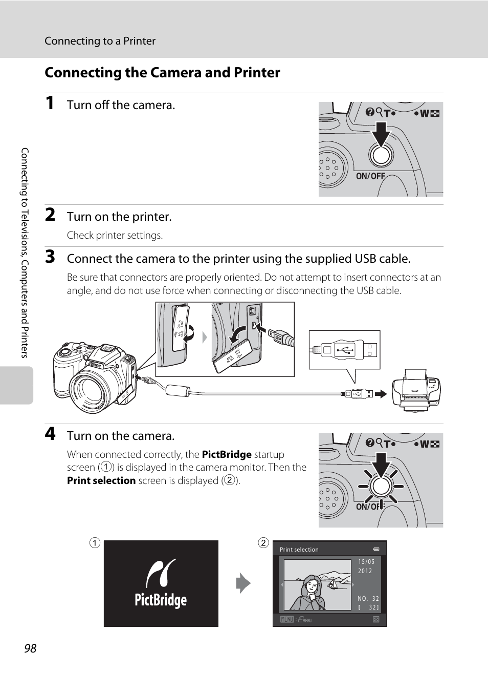 Connecting the camera and printer, A 98) | Nikon L310 User Manual | Page 110 / 164