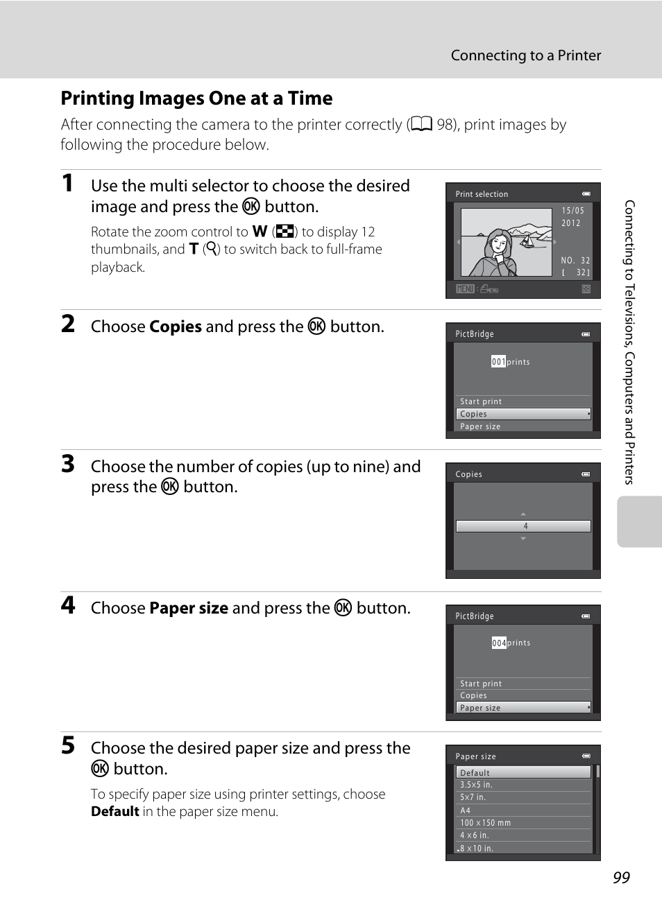 Printing images one at a time, A 99), Choose copies and press the k button | Choose paper size and press the k button | Nikon L310 User Manual | Page 111 / 164