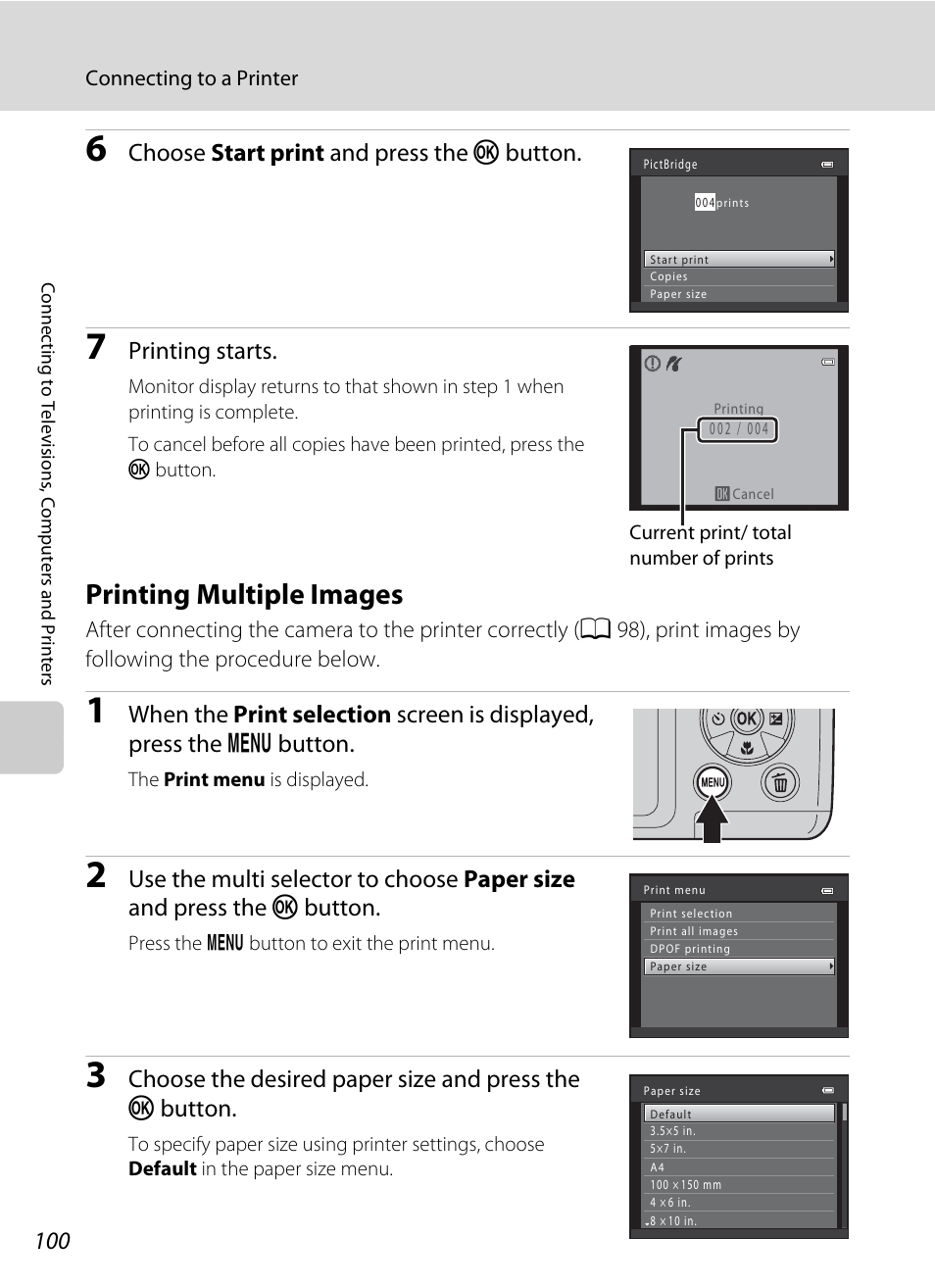 Printing multiple images, A 100), Choose start print and press the k button | Printing starts | Nikon L310 User Manual | Page 112 / 164