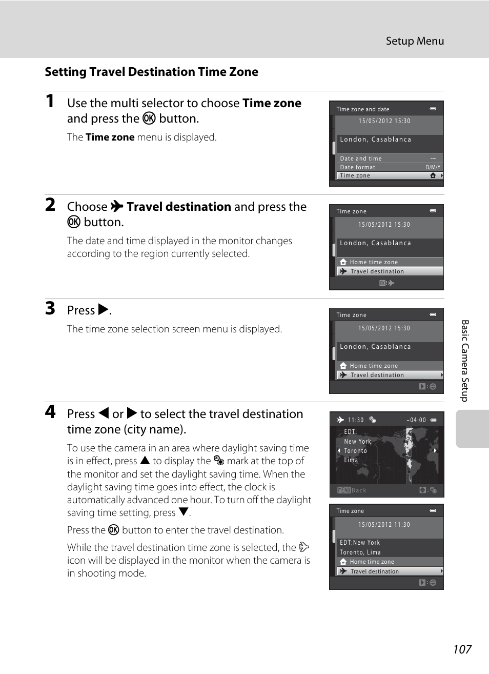 Setting travel destination time zone, Choose x travel destination and press the k button, Press k | Nikon L310 User Manual | Page 119 / 164