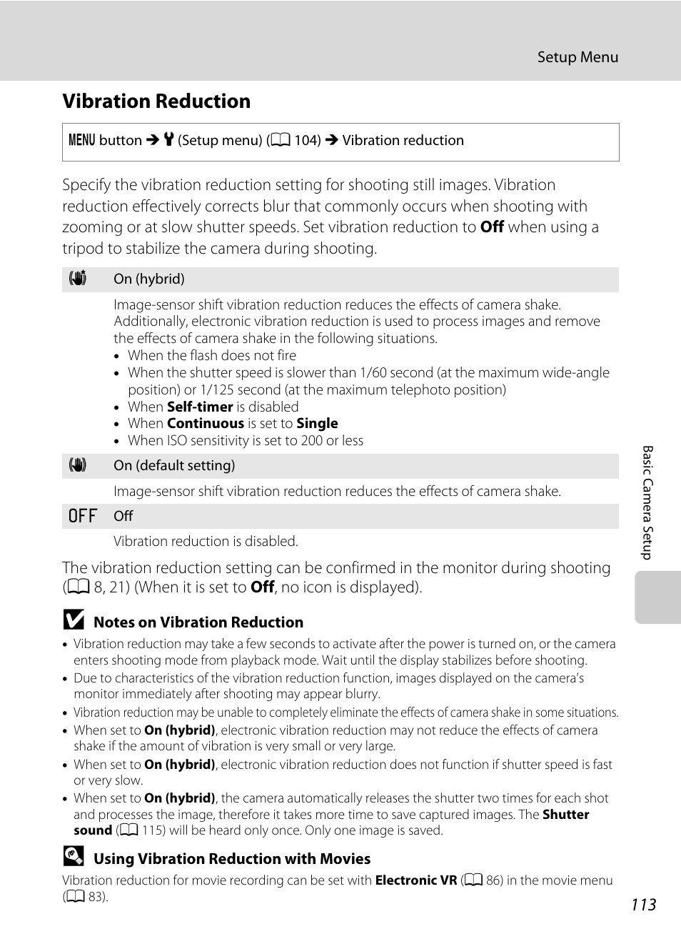 Vibration reduction, A 113), A 113) to | A 113) setting and hold the, A 113 | Nikon L310 User Manual | Page 125 / 164