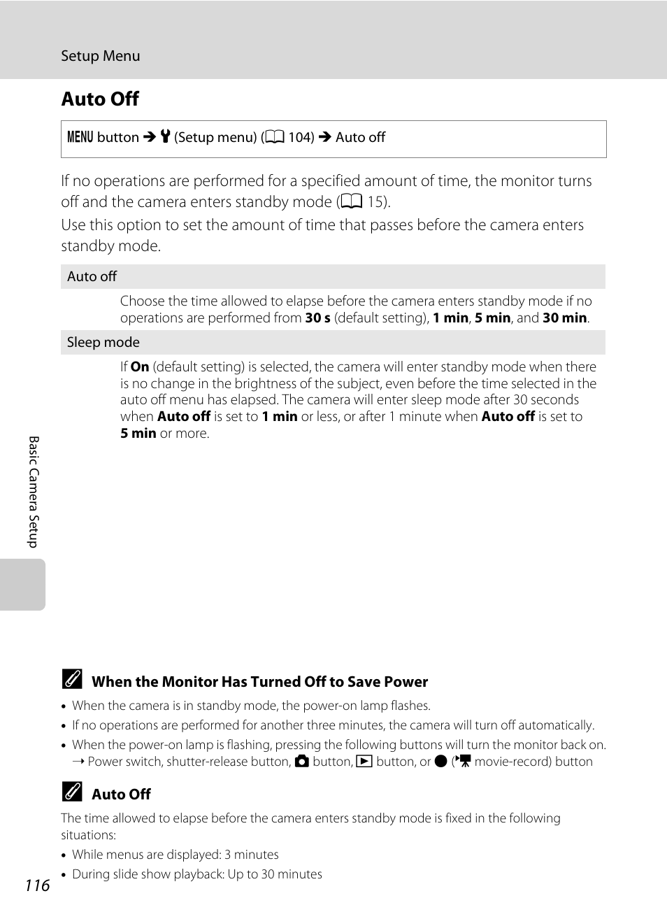 Auto off, A 116), A 116), press the f | A 116) duri, A 116) wil, A 116 | Nikon L310 User Manual | Page 128 / 164