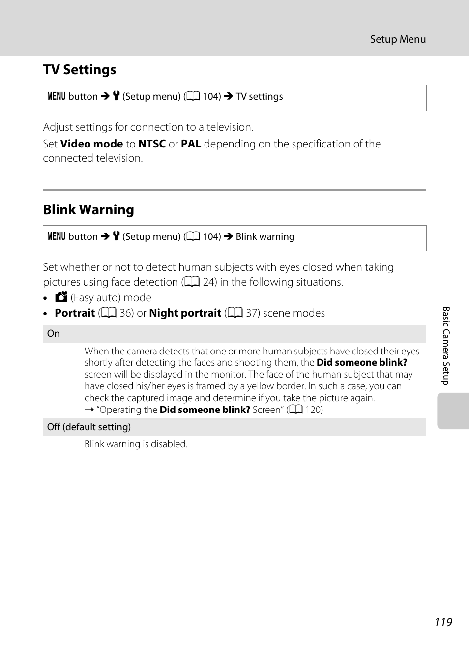 Tv settings, Blink warning, Tv settings blink warning | A 119 | Nikon L310 User Manual | Page 131 / 164