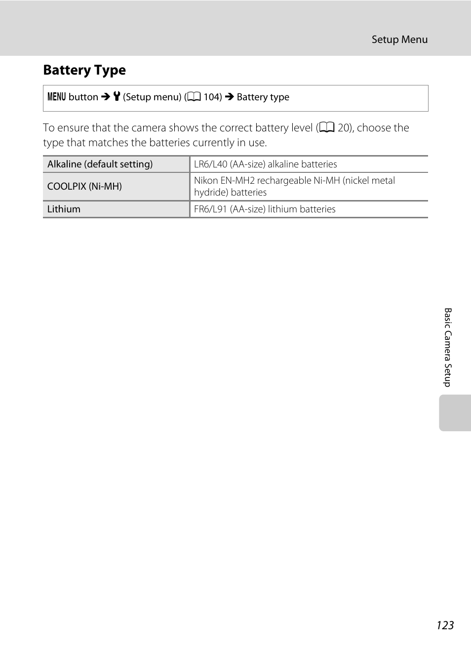 Battery type, A 123, 12, A 123) | A 123 | Nikon L310 User Manual | Page 135 / 164