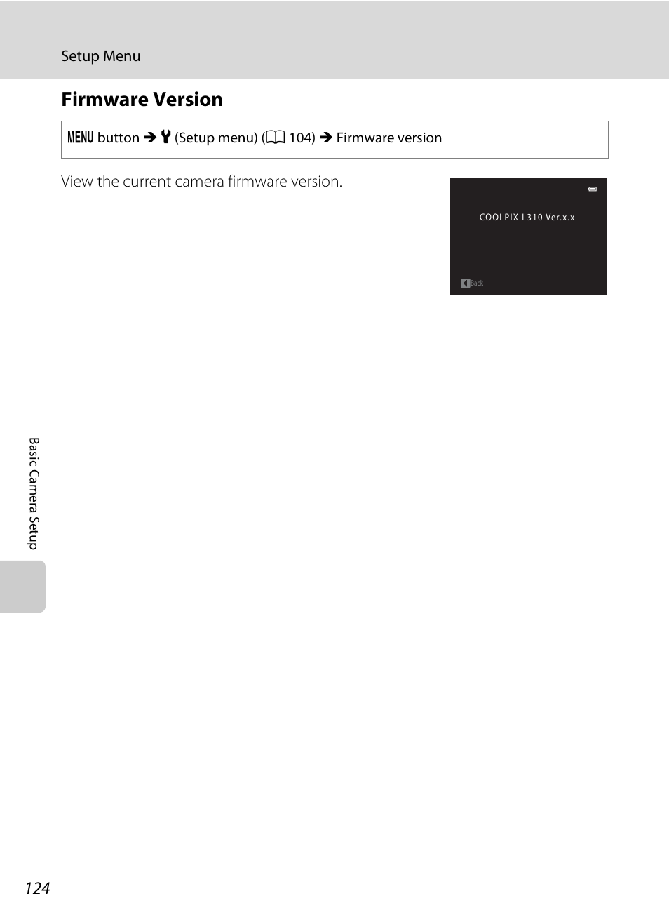 Firmware version, A 124 | Nikon L310 User Manual | Page 136 / 164