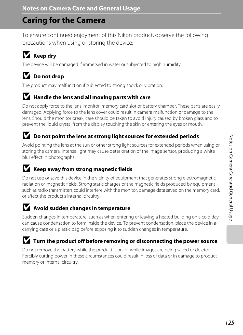 Notes on camera care and general usage, Caring for the camera | Nikon L310 User Manual | Page 137 / 164