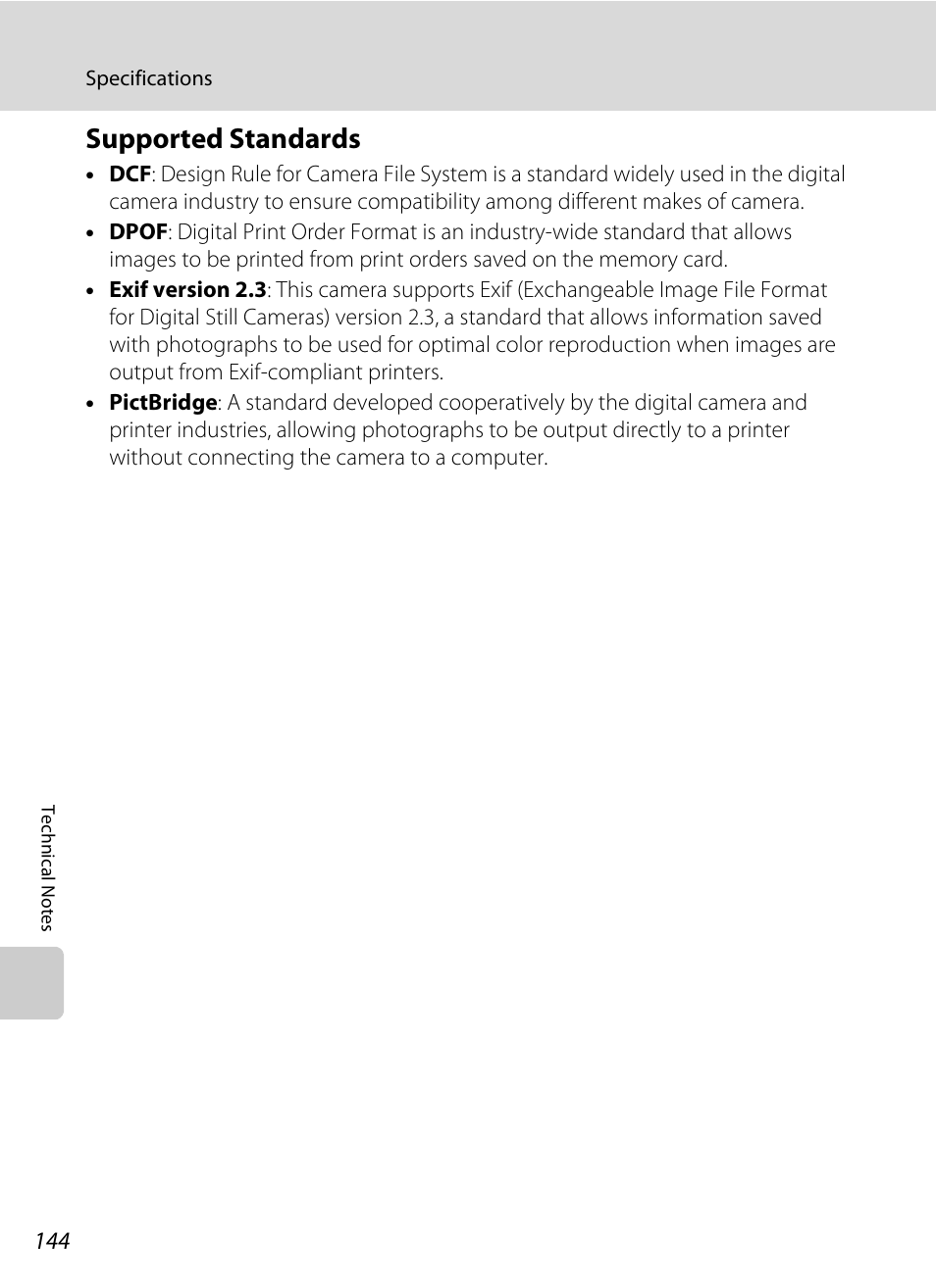 Supported standards, A 144) whi, Tible | A 144) printers | Nikon L310 User Manual | Page 156 / 164