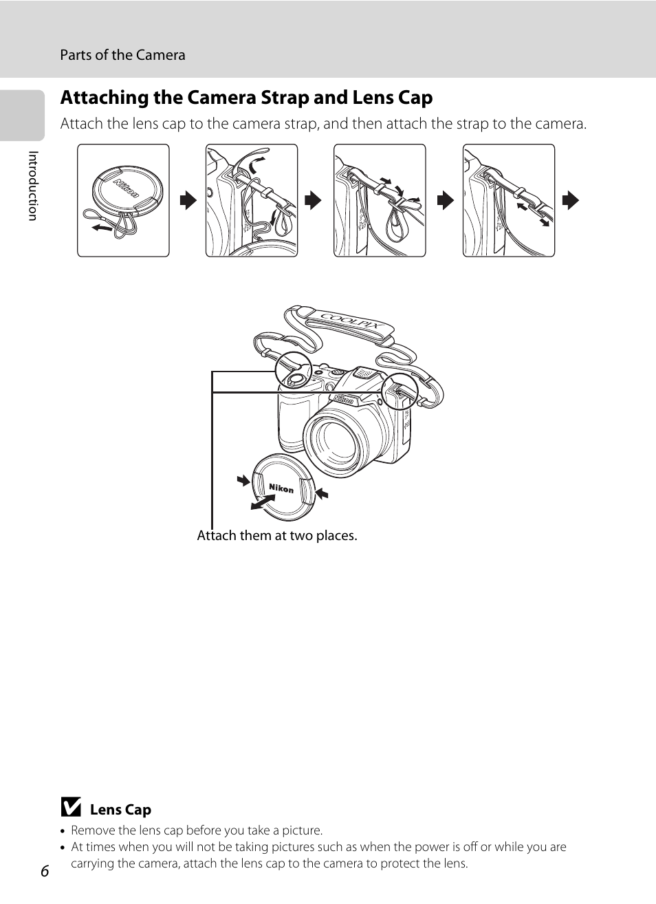 Attaching the camera strap and lens cap | Nikon L310 User Manual | Page 18 / 164