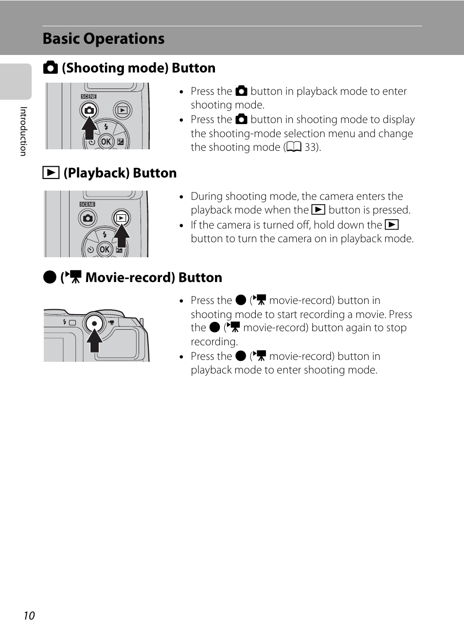 Basic operations, Shooting mode button, Playback button | Movie-record button | Nikon L310 User Manual | Page 22 / 164