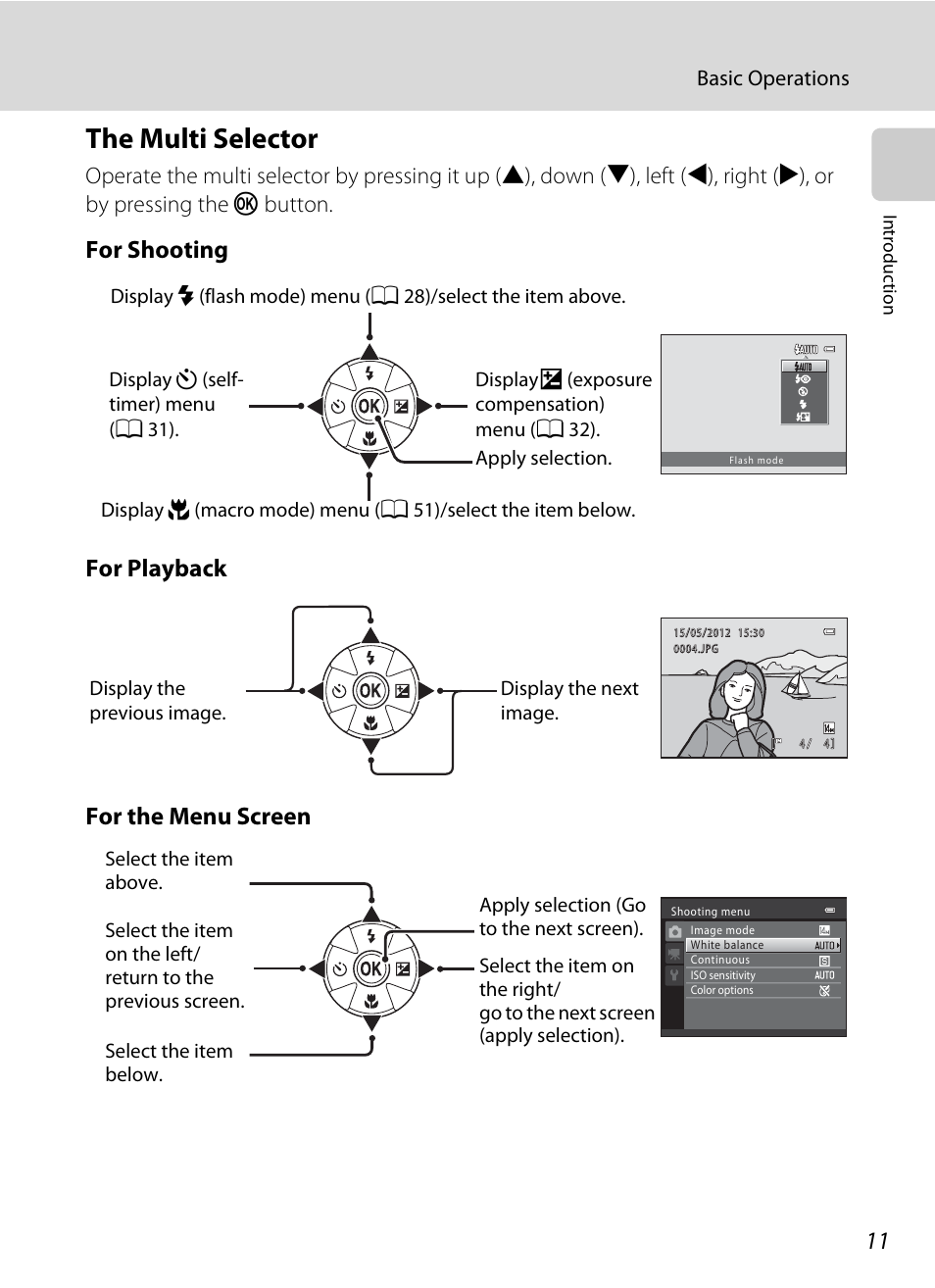 The multi selector, For shooting for playback for the menu screen, Basic operations | Nikon L310 User Manual | Page 23 / 164