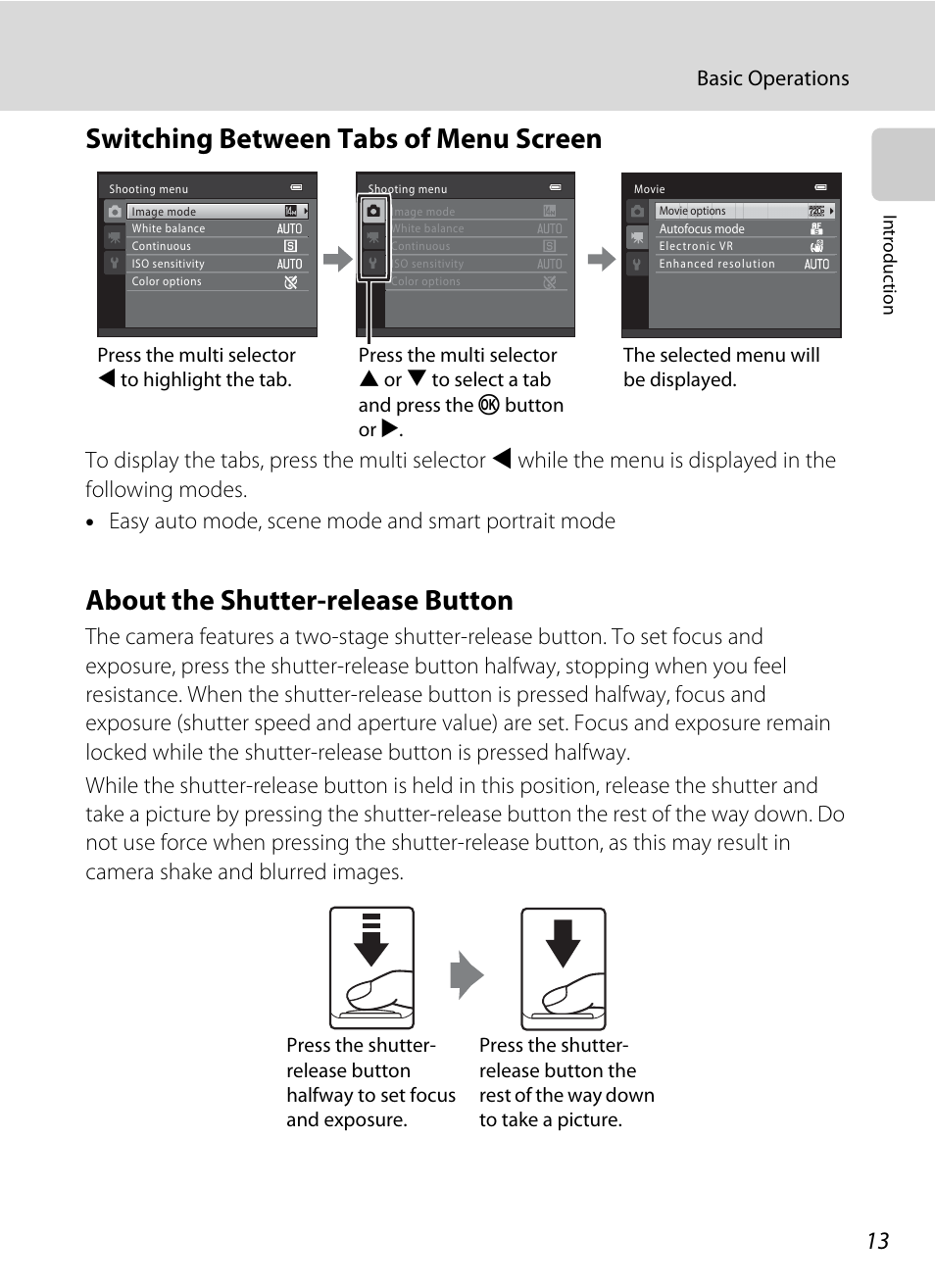 Switching between tabs of menu screen, About the shutter-release button, A 13) | Basic operations | Nikon L310 User Manual | Page 25 / 164