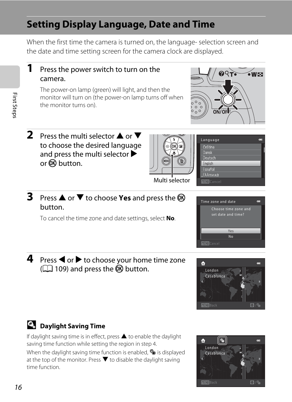 Setting display language, date and time, Press the power switch to turn on the camera, Press h or i to choose yes and press the k button | Nikon L310 User Manual | Page 28 / 164