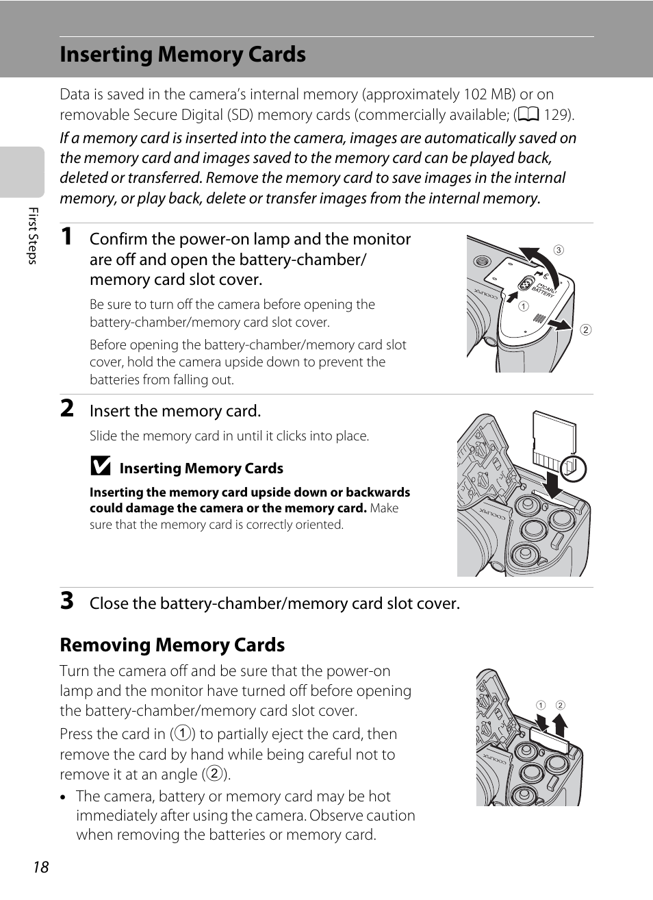 Inserting memory cards, Removing memory cards | Nikon L310 User Manual | Page 30 / 164