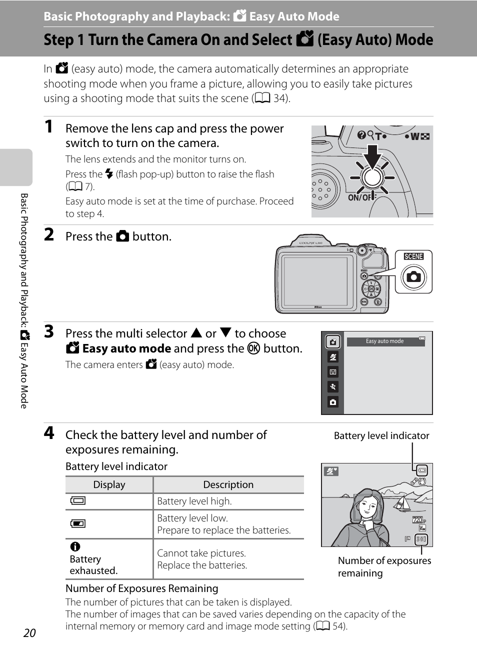 Basic photography and playback: easy auto mode, Basic photography and playback: g easy auto mode, A 20) | Nikon L310 User Manual | Page 32 / 164