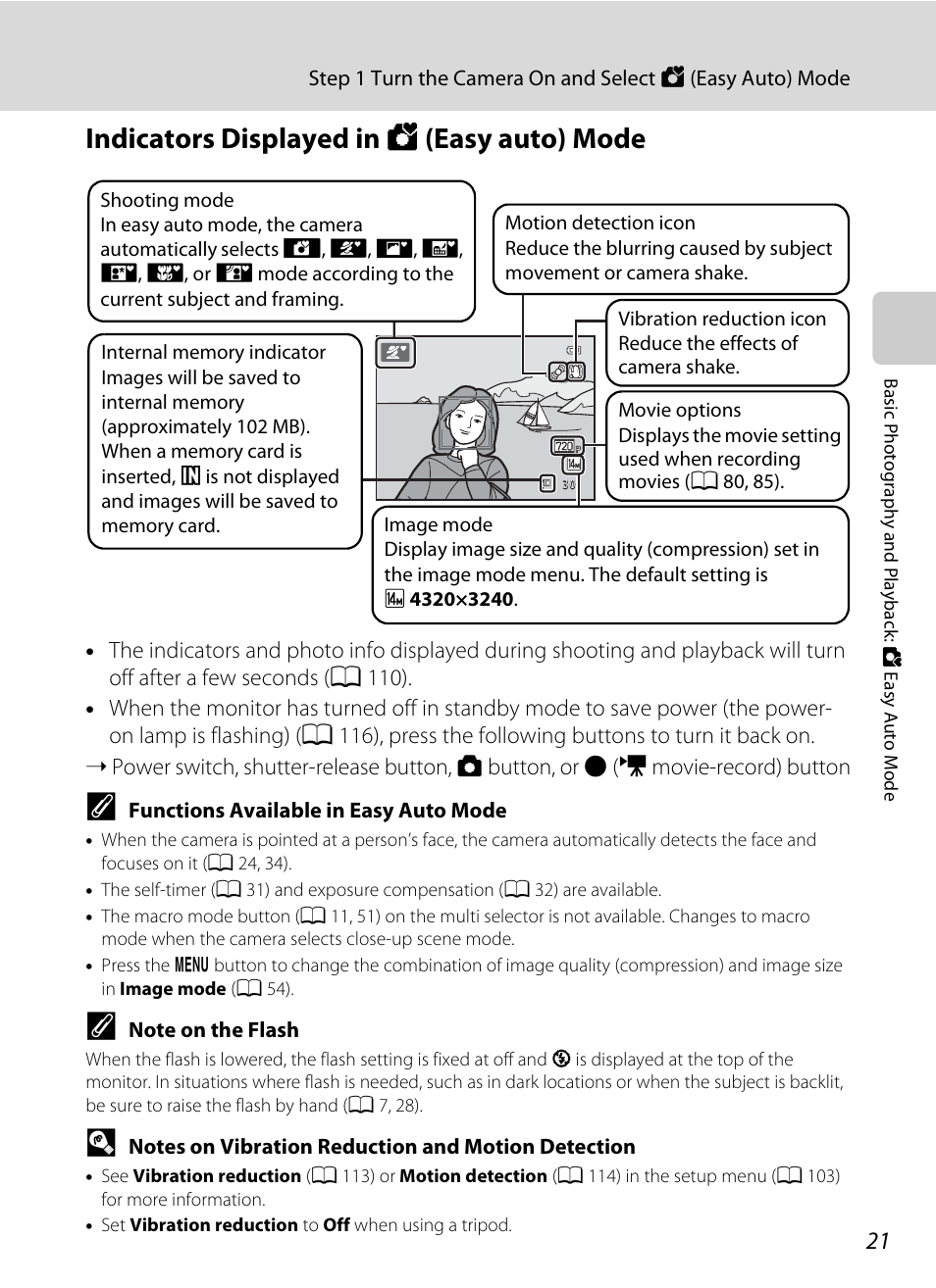 Indicators displayed in easy auto mode, Indicators displayed in g (easy auto) mode | Nikon L310 User Manual | Page 33 / 164