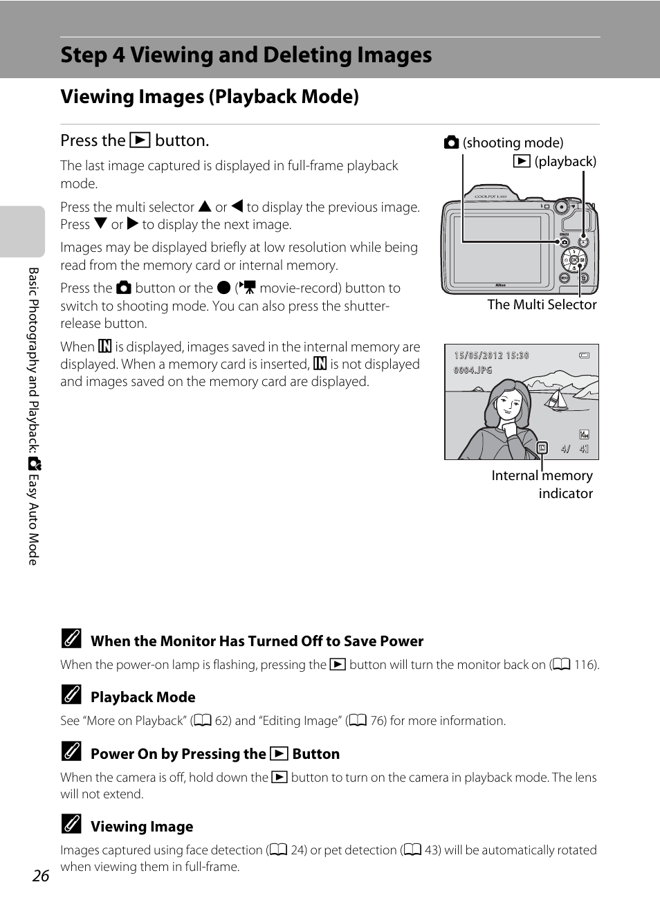 Step 4 viewing and deleting images, Viewing images (playback mode), Press the c button | Nikon L310 User Manual | Page 38 / 164