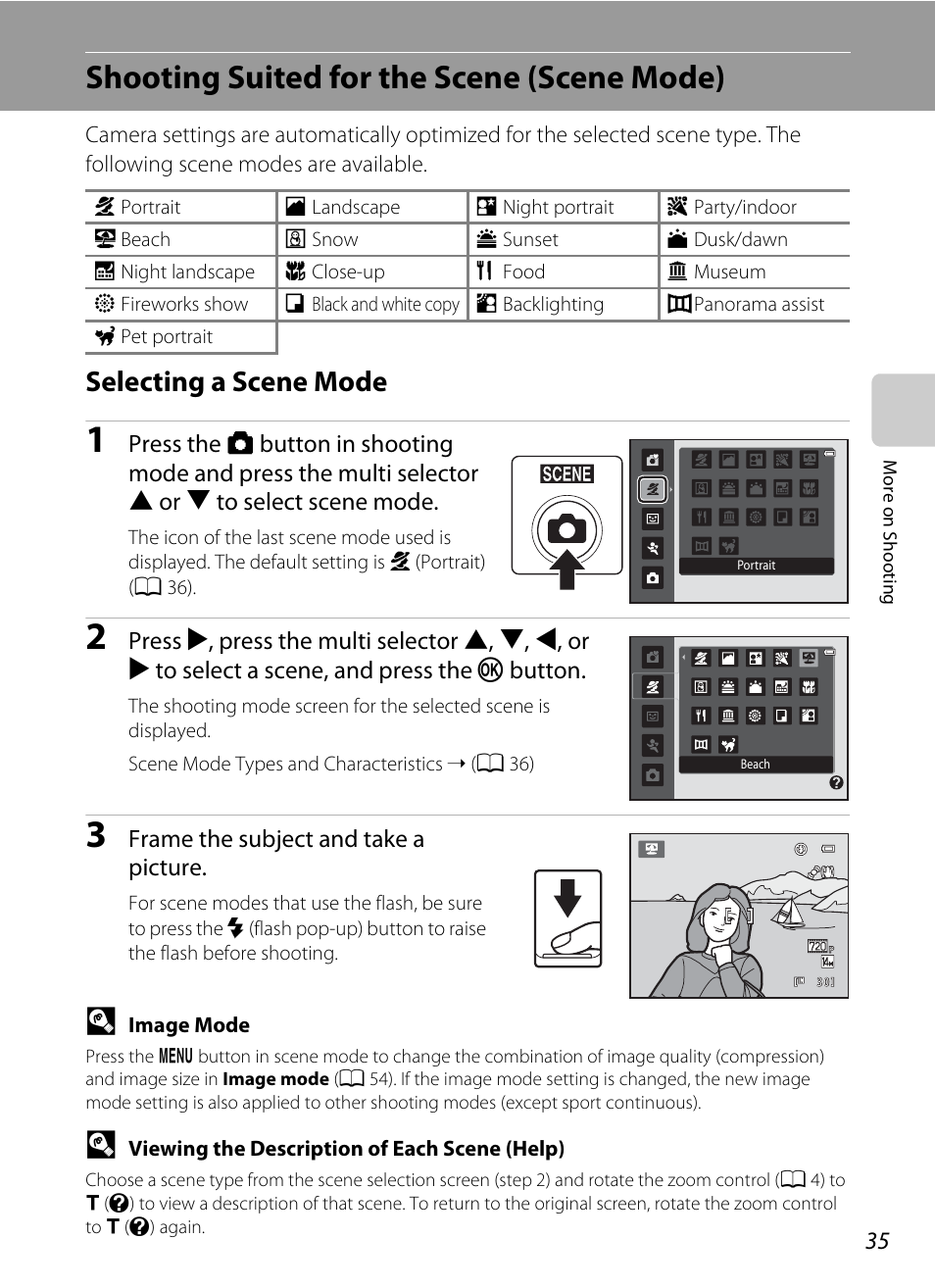 Shooting suited for the scene (scene mode), Selecting a scene mode, E modes (a 35 | A 35), A 35 | Nikon L310 User Manual | Page 47 / 164