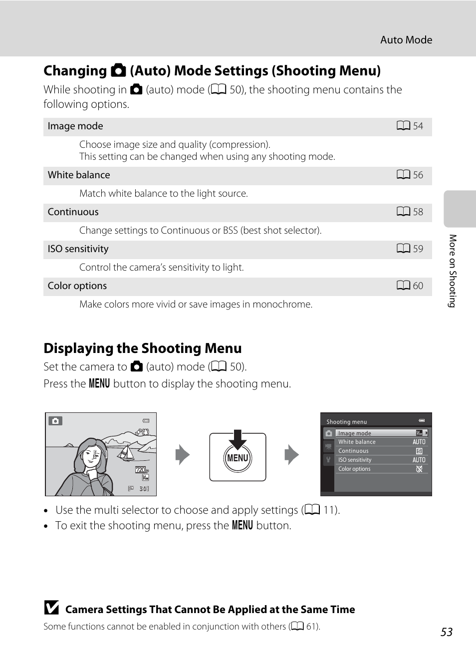 Changing auto mode settings (shooting menu), Displaying the shooting menu, A 53) dependi | A 53), Changing a (auto) mode settings (shooting menu) | Nikon L310 User Manual | Page 65 / 164