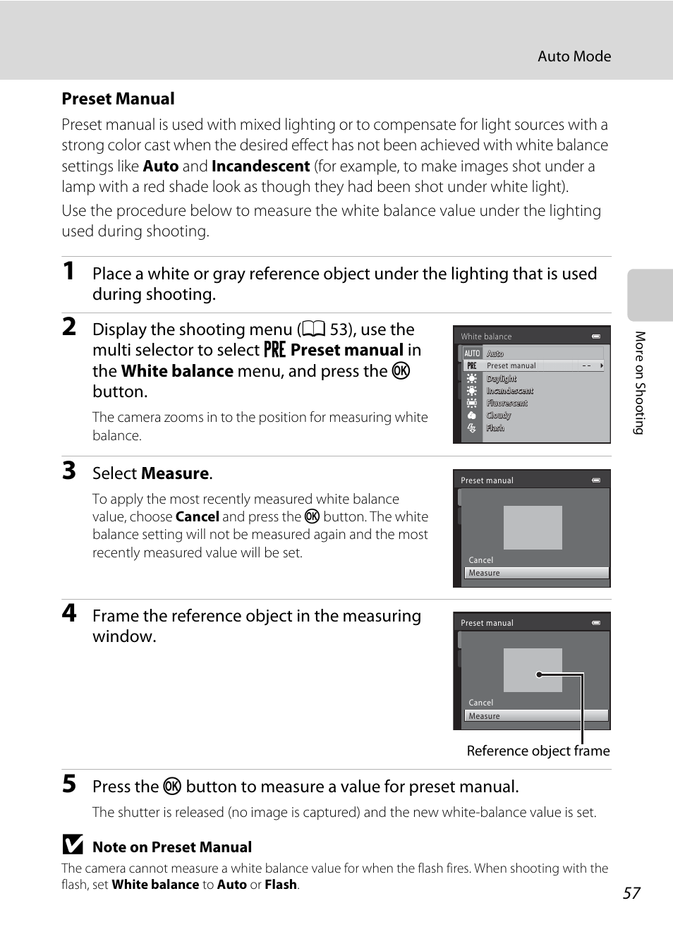 A 57), Preset manual, Select measure | Frame the reference object in the measuring window | Nikon L310 User Manual | Page 69 / 164