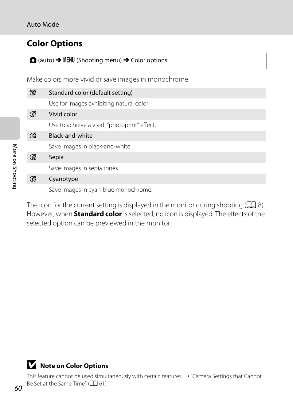 Color options, A 60 | Nikon L310 User Manual | Page 72 / 164