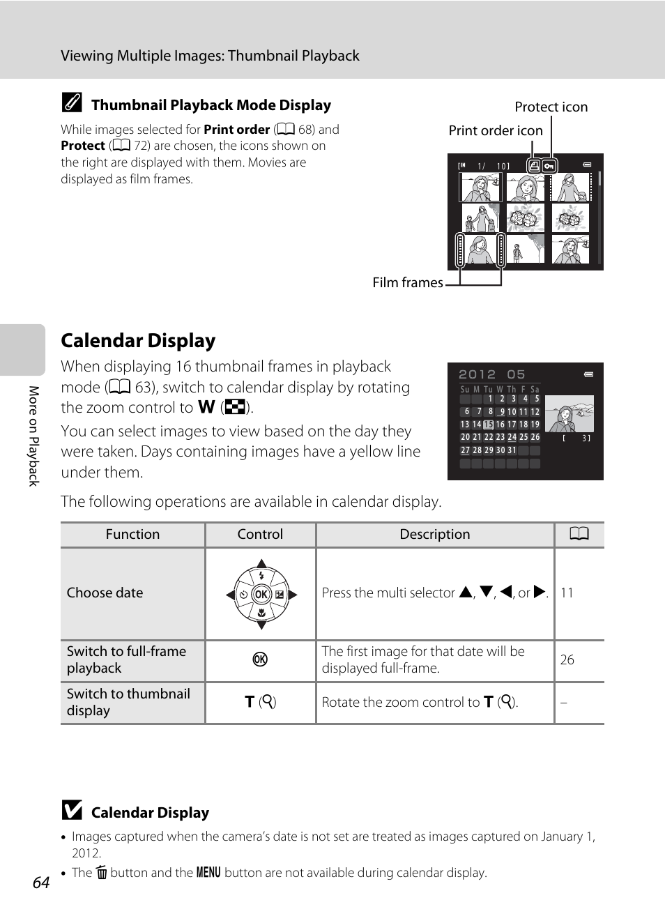 Calendar display, A 64), Viewing multiple images: thumbnail playback | Thumbnail playback mode display | Nikon L310 User Manual | Page 76 / 164