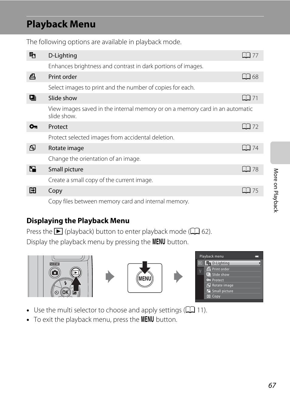 Playback menu, A 67), Displaying the playback menu | Nikon L310 User Manual | Page 79 / 164