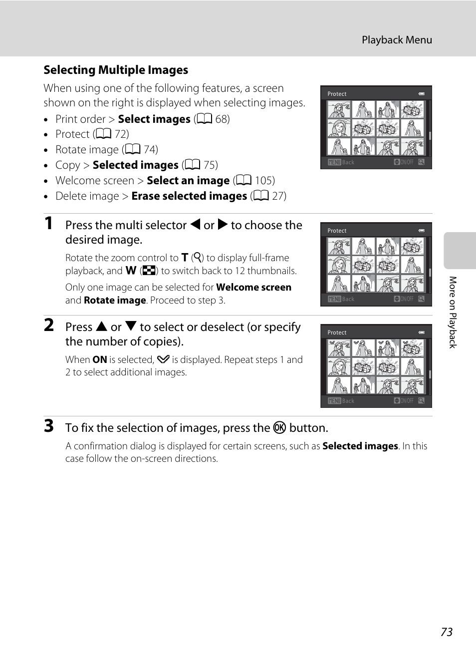 Selecting multiple images, A 73 | Nikon L310 User Manual | Page 85 / 164