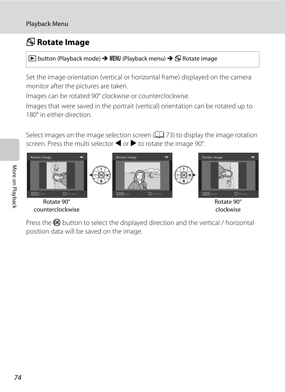 Rotate image, F rotate image, A 74) | A 74 | Nikon L310 User Manual | Page 86 / 164