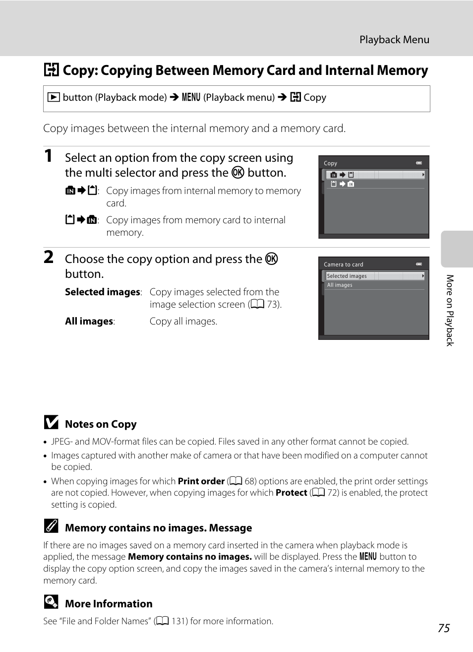 A 75, A 75), Choose the copy option and press the k button | Nikon L310 User Manual | Page 87 / 164